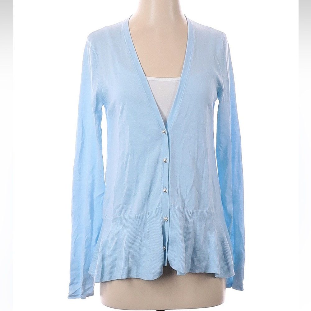 Lilly Pulitzer light blue cardigan with pearl buttons & ruffle hem $138 - Small